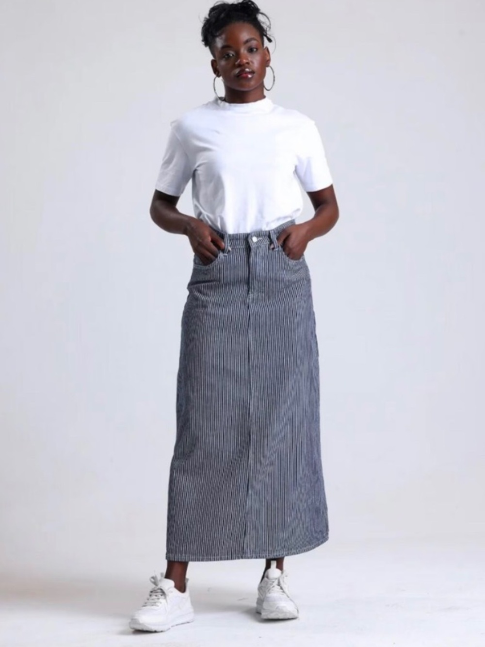 DeMim Denim Maxi Aline Skirt White Pinstripe NWOT Small